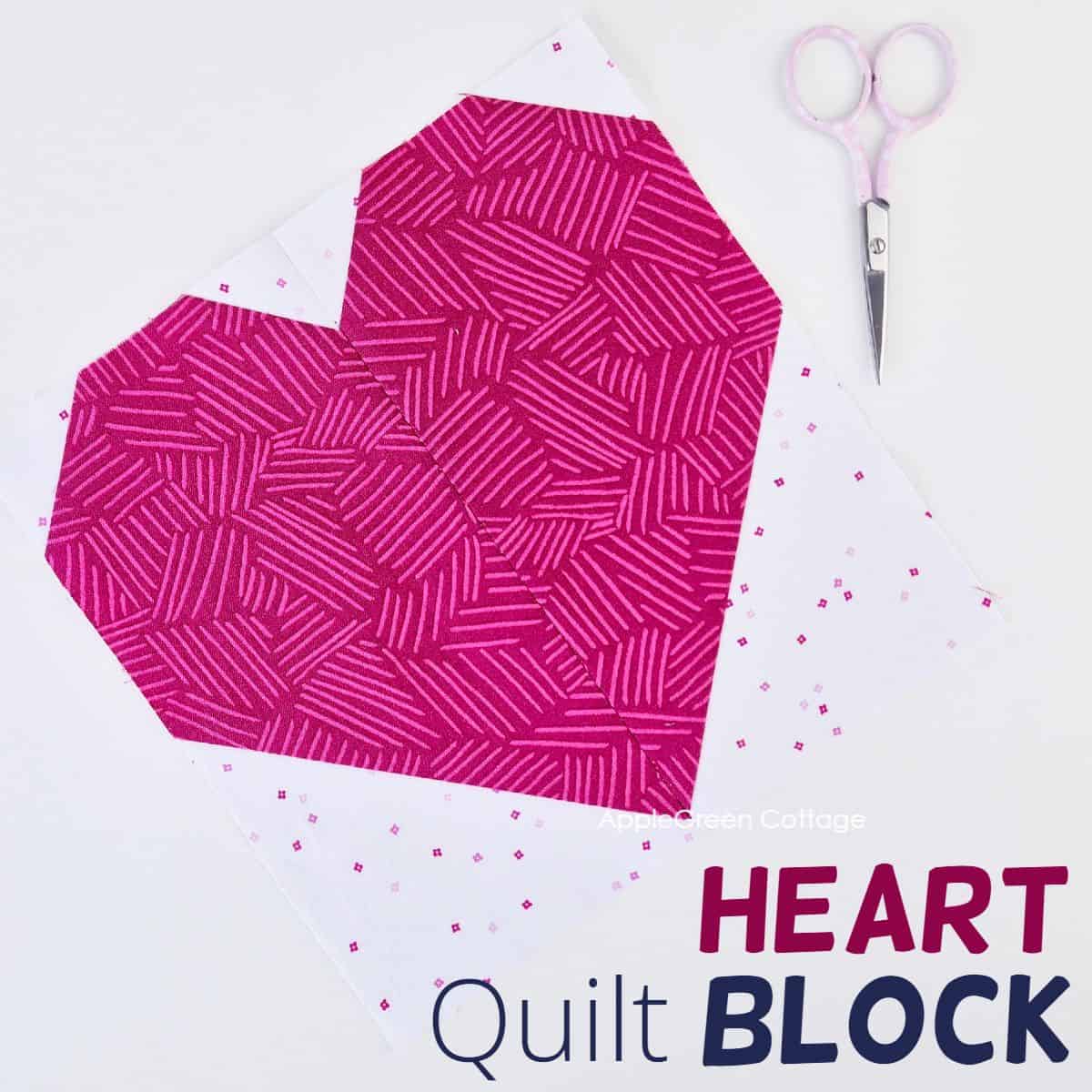 Step-by-step guide to making a pink heart quilt block using geometric fabric prints, paired with a classic white background. Ideal for Valentine's Day sewing projects.