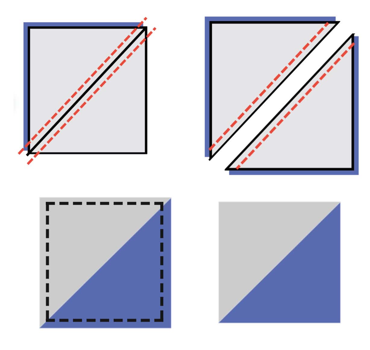 Diagram showing how to sew and cut half-square triangles (HSTs) for quilting.