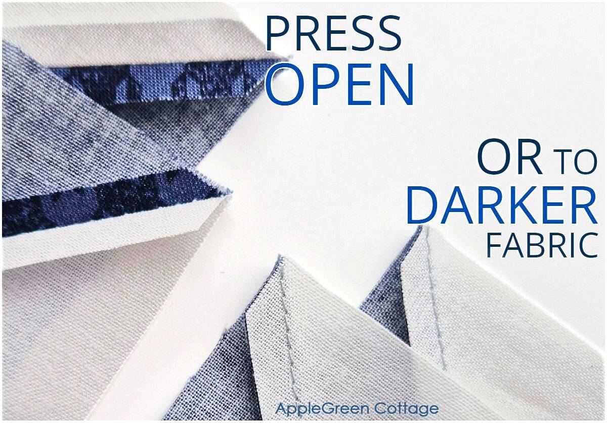 Pressed seams of half-square triangles, showing options for pressing open or to the darker fabric.