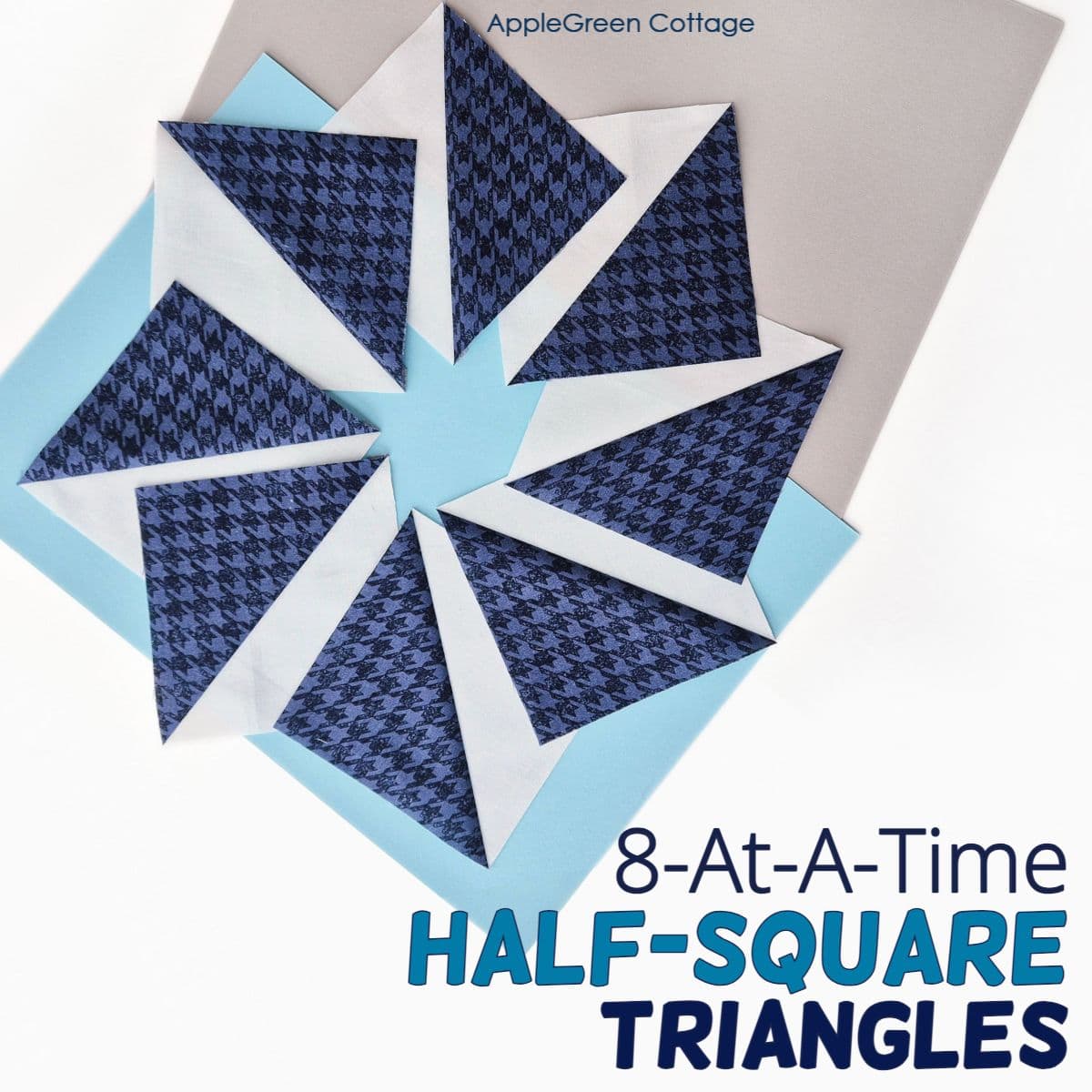 Half-square triangles laid out in a star pattern for a quilt block.