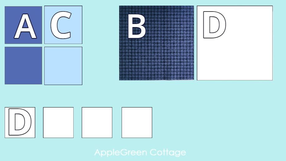 Quilt fabric layout guide for the Pinwheel Star Mini Quilt – A fabric selection chart showing four colors labeled A, B, C, and D for a quilt project.