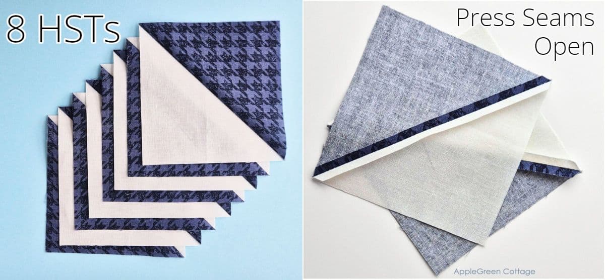 Stack of 8 finished half-square triangles (HSTs) in blue and white fabric, with seams pressed open.
