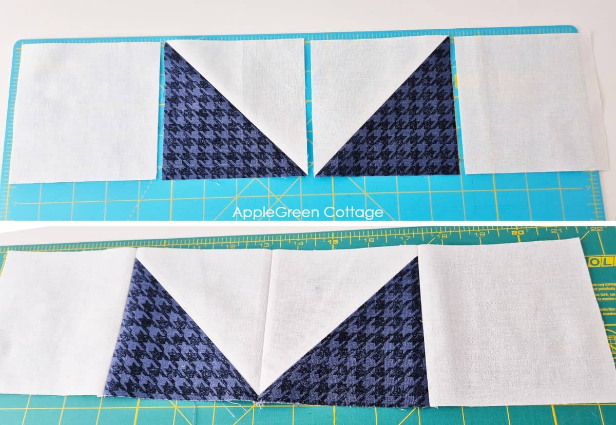 Laying out quilt blocks with half-square triangles and solid squares. A step in assembling a pinwheel star quilt block.