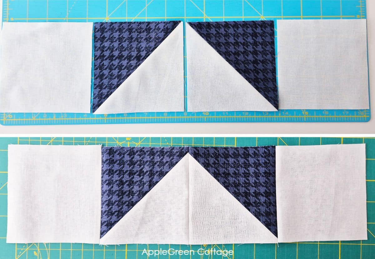 Sewing half-square triangles to form the pinwheel star quilt.