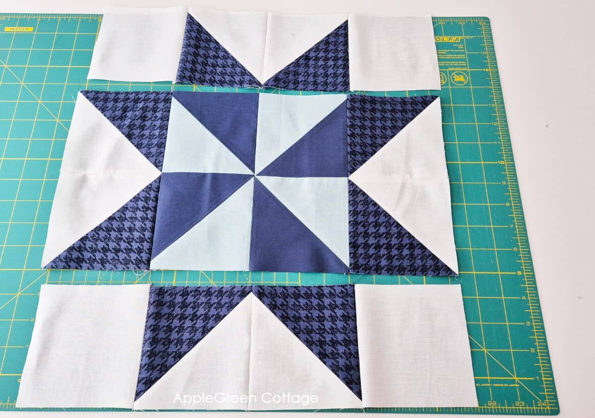Image showing how to arrange and sew quilt block sections, ensuring correct orientation and alignment.