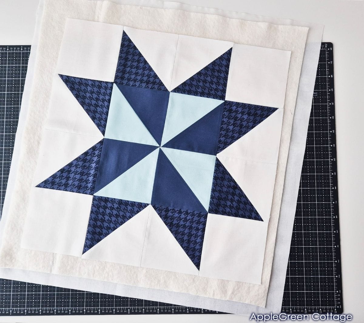 Mini quilt ready for quilting, showing layered fabric pieces prepared for stitching.
