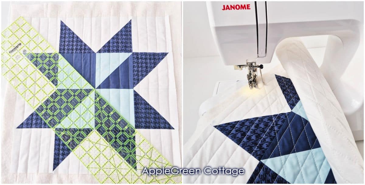 Using a ruler to mark quilting lines and stitching with a sewing machine for precise quilting.