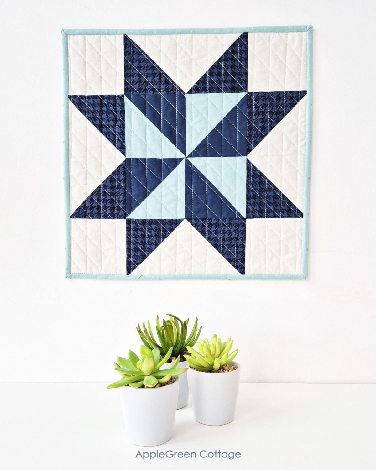 A finished mini quilt featuring a pinwheel star design, quilted with diagonal lines, and hung on a white wall.