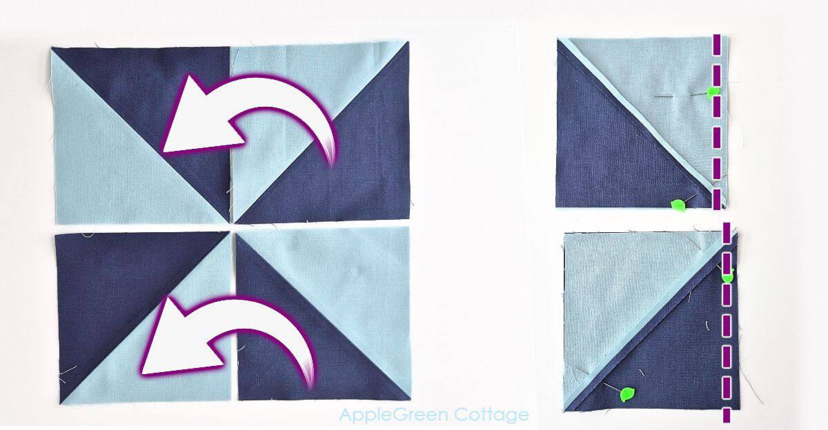 piecing together HSTs for a perfectly aligned pinwheel quilt block.