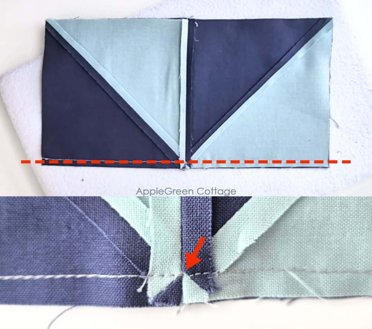 Final seam stitched on a pinwheel quilt block – A nearly completed quilt block with open seams for better alignment and accuracy.