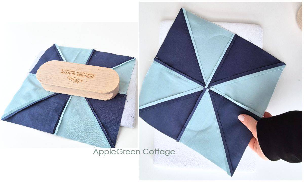 Pressing seams open for a flat quilt block – Best technique to reduce bulk and ensure smooth seams in your pinwheel quilt block.