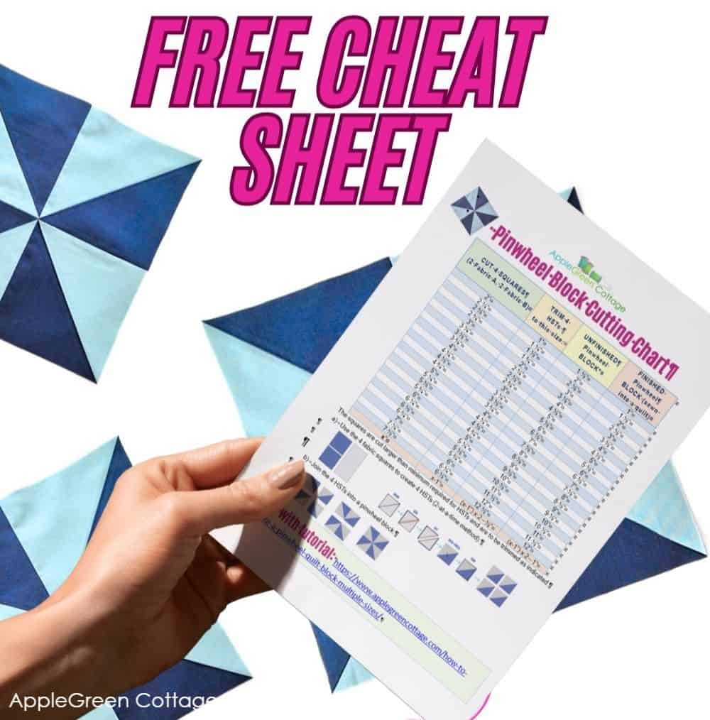 Pinwheel Quilt Block Cutting Chart – A free printable cheat sheet for cutting pinwheel quilt blocks, shown with a hand holding the sheet against a background of finished blocks.