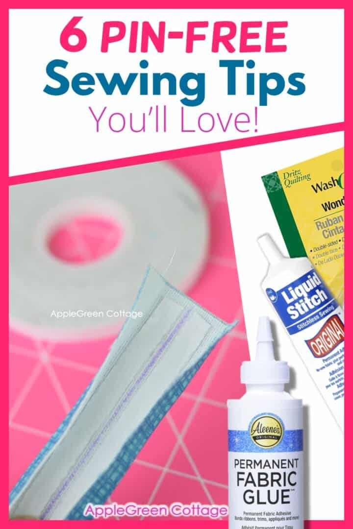 Pin-free sewing tips featuring washable double-sided quilting tape and fabric glue for a smooth, pinless sewing experience. Ideal for quilting and fabric projects.