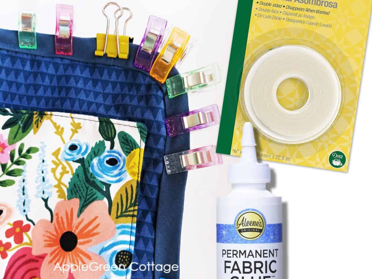 Using fabric clips, binder clips, and fabric glue as pin alternatives in sewing.