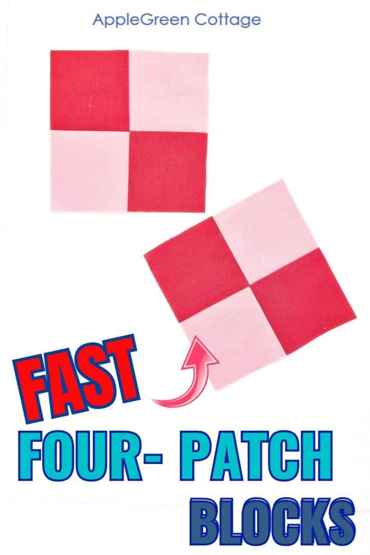 Two completed four-patch quilt blocks with pink and red fabric in a grid pattern on a white background.