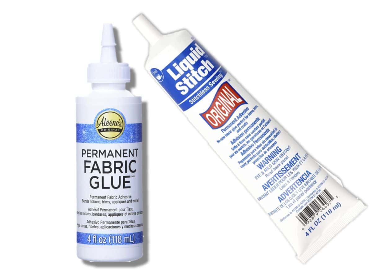 Permanent fabric glue bottle used for a no-pin sewing solution.