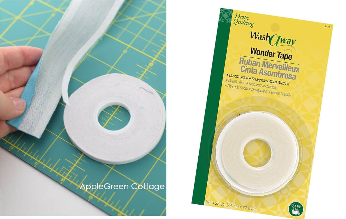 Washable double-sided quilting wonder tape used to hold fabric in place without pins.