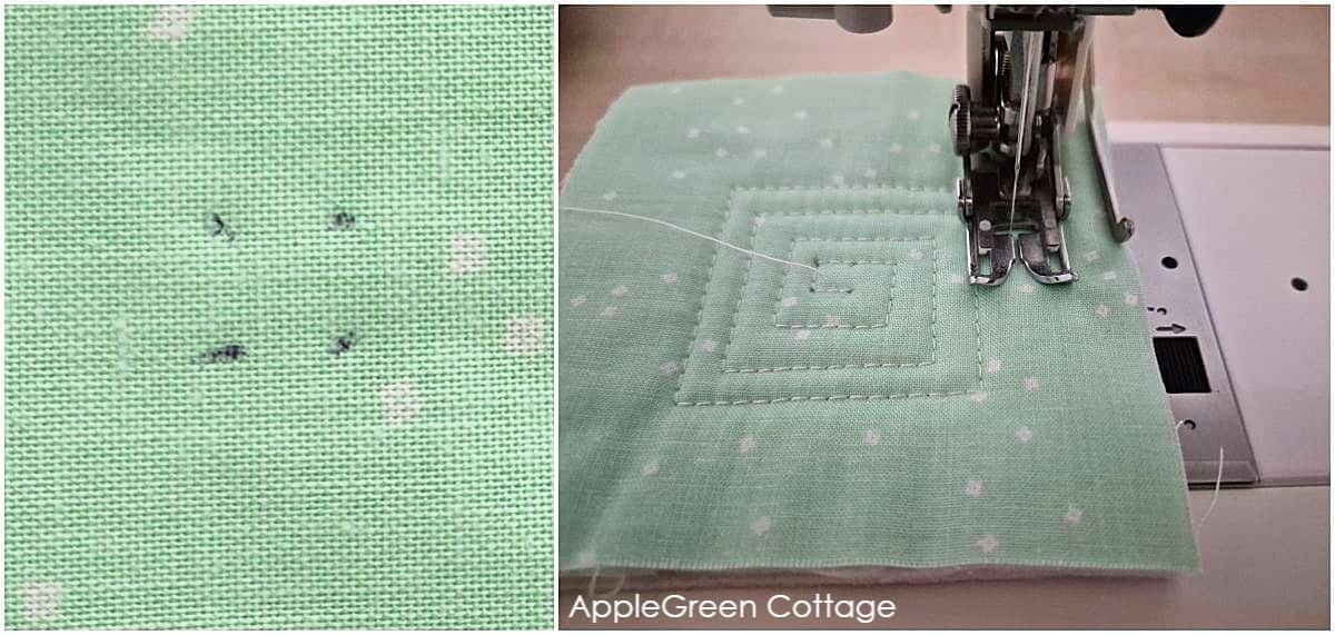 Sewing machine stitching a spiral quilt pattern on pastel green fabric, demonstrating free-motion quilting.
