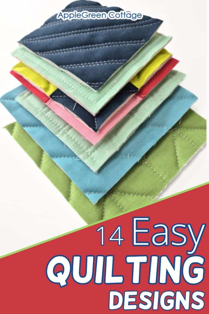 Stack of colorful quilted fabric samples with various straight-line quilting designs.