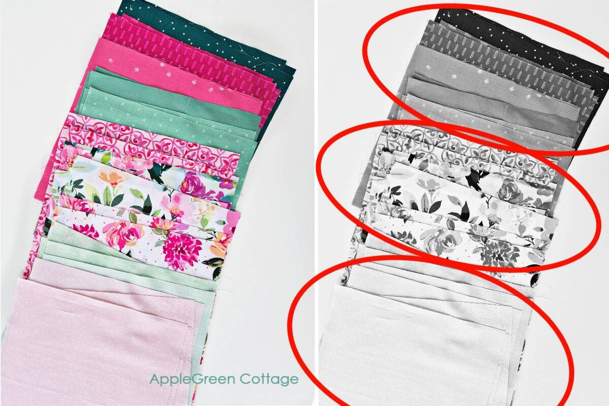 Color and black-and-white fabric stack for value contrast check.
