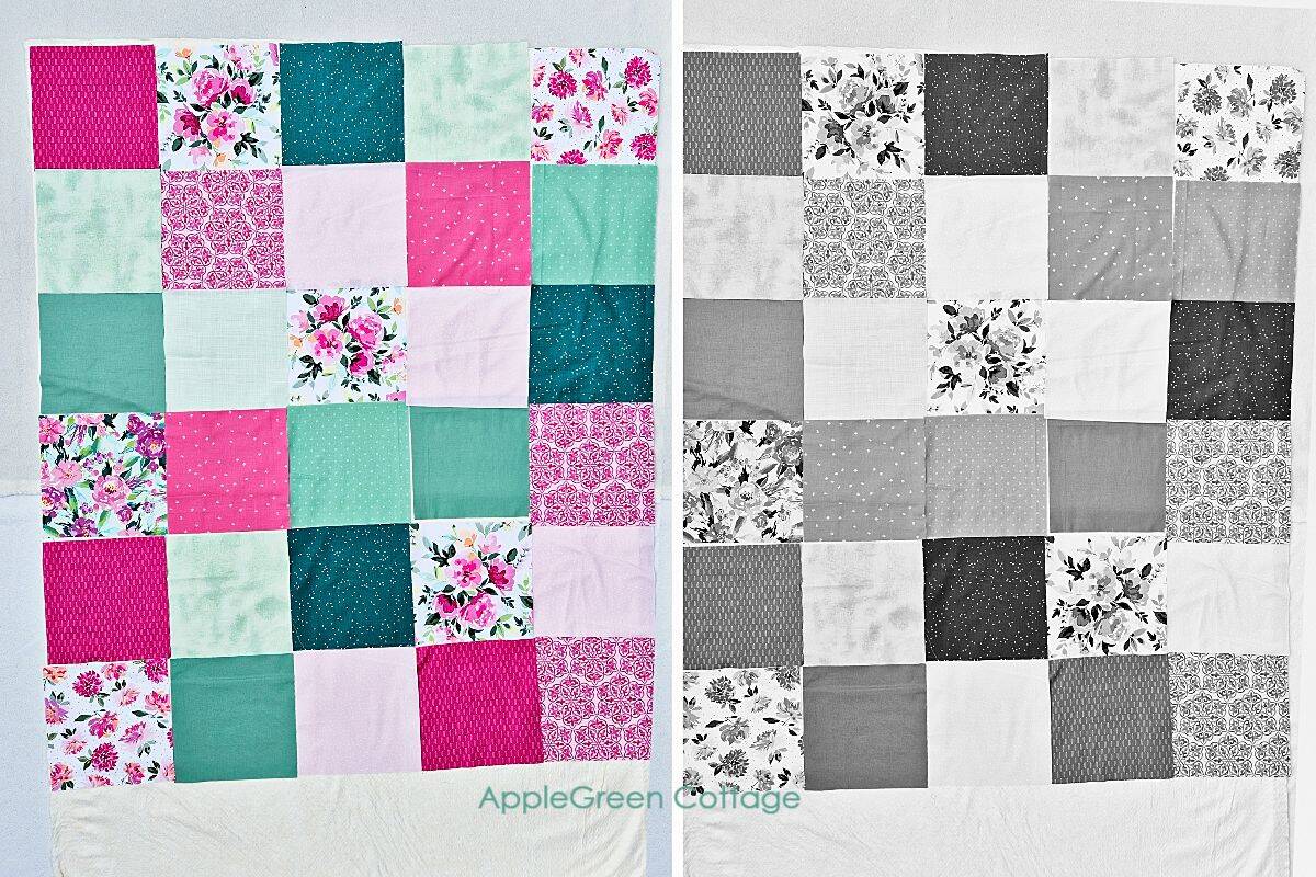 Patchwork quilt layout with numbered rows and labeled fabric stack.