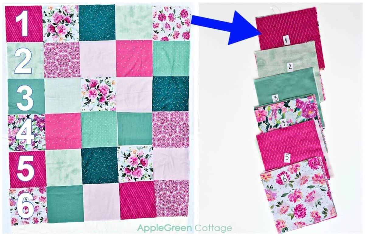 Patchwork quilt layout with numbered rows and labeled fabric stack.