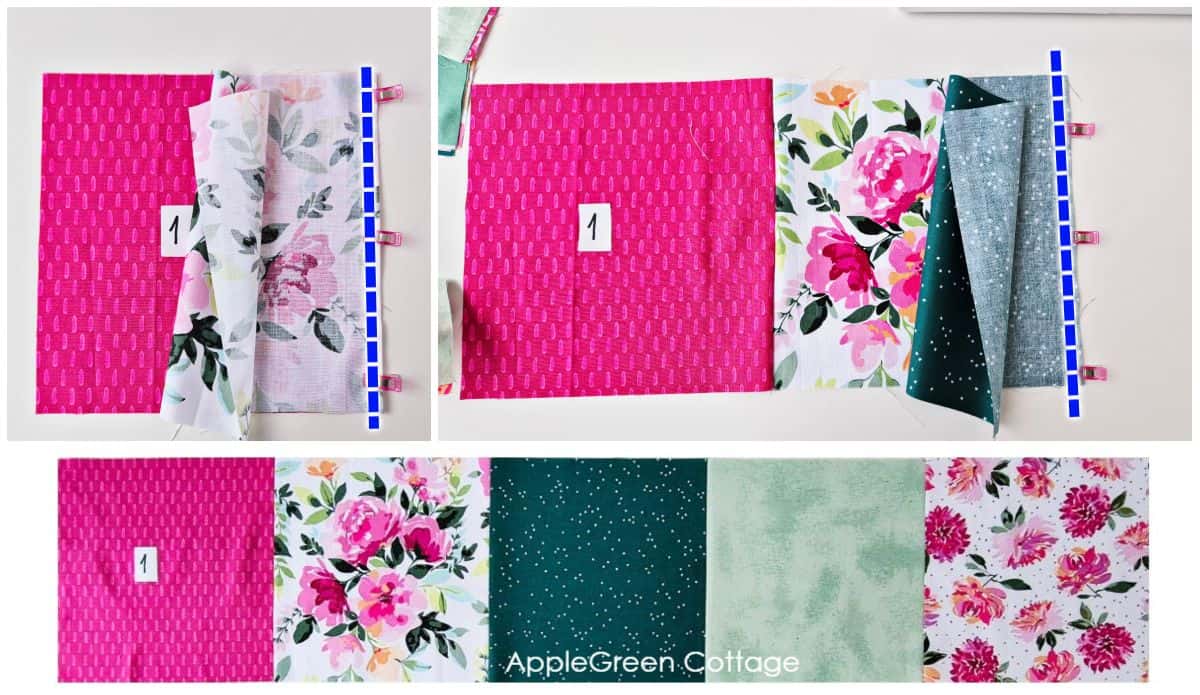 Piecing quilt squares step-by-step with clips and sewing lines.