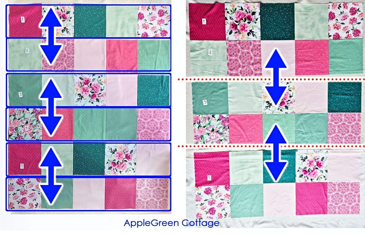Joining quilt rows in sections with arrows for alignment.