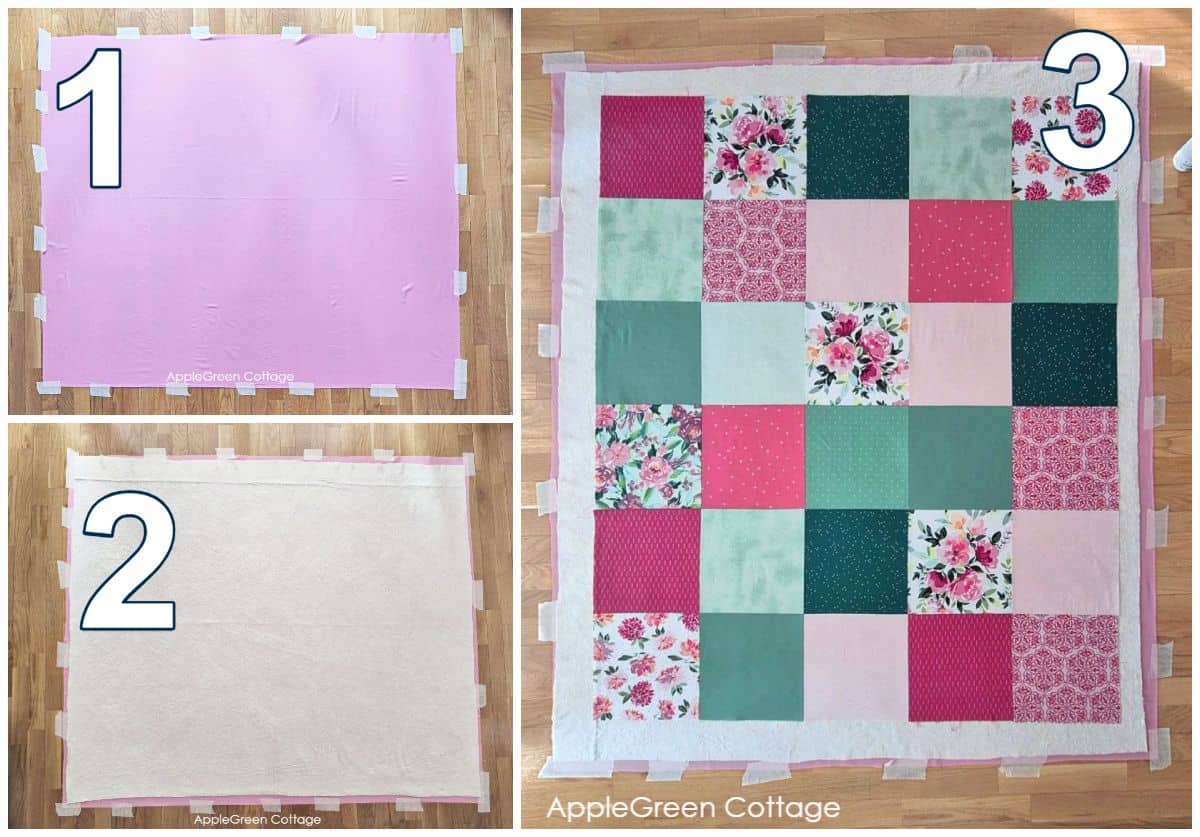 Layering quilt backing, batting, and top for basting.
