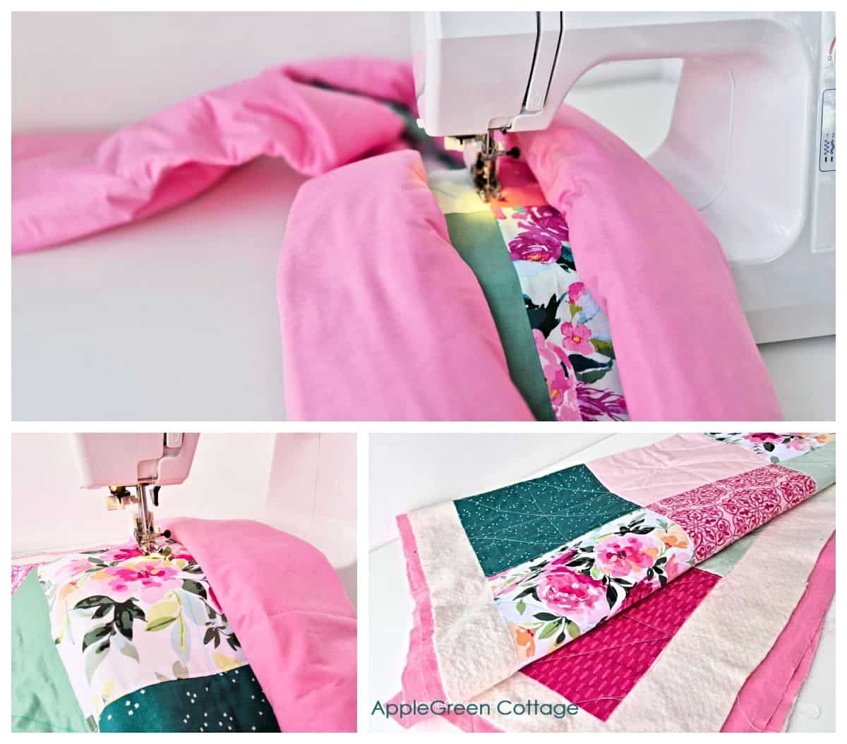 Sewing the quilt layers on a domestic sewing machine.