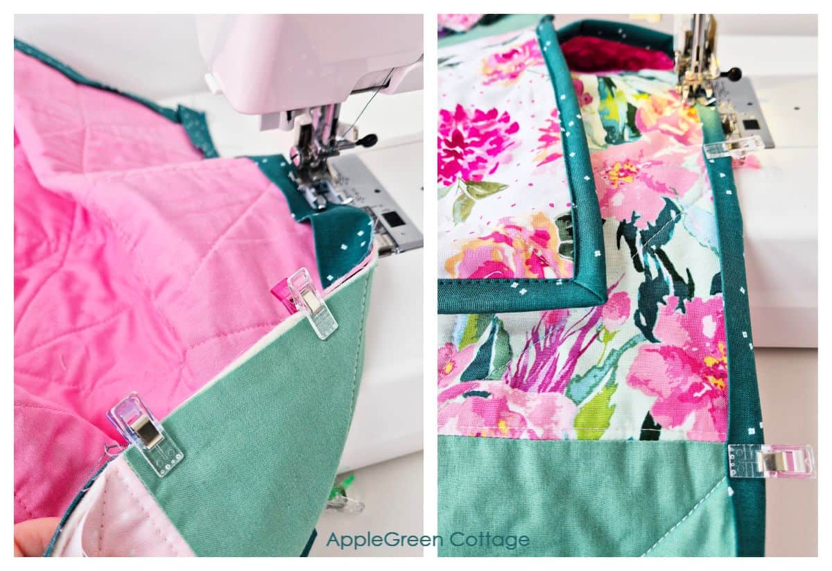 Attaching binding to quilt edges using sewing machine.