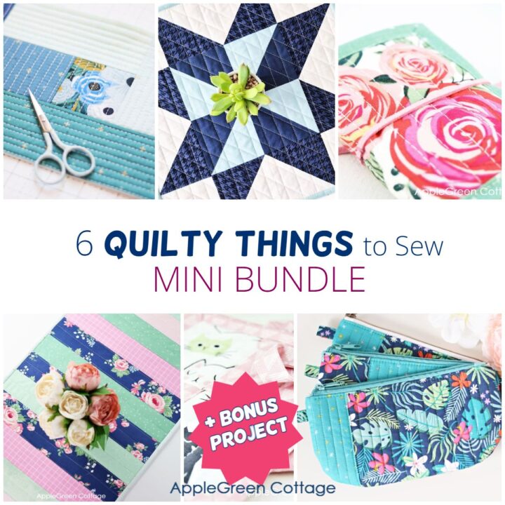 finished six small quilting projects, a mug rug, a quilted table runner, a mini quilt, a quilted needle book, and pouches.