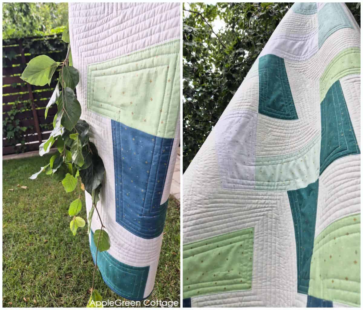 Close-up of Randomize quilt showing angled blocks and echo quilting detail – modern PDF quilt pattern for beginners.