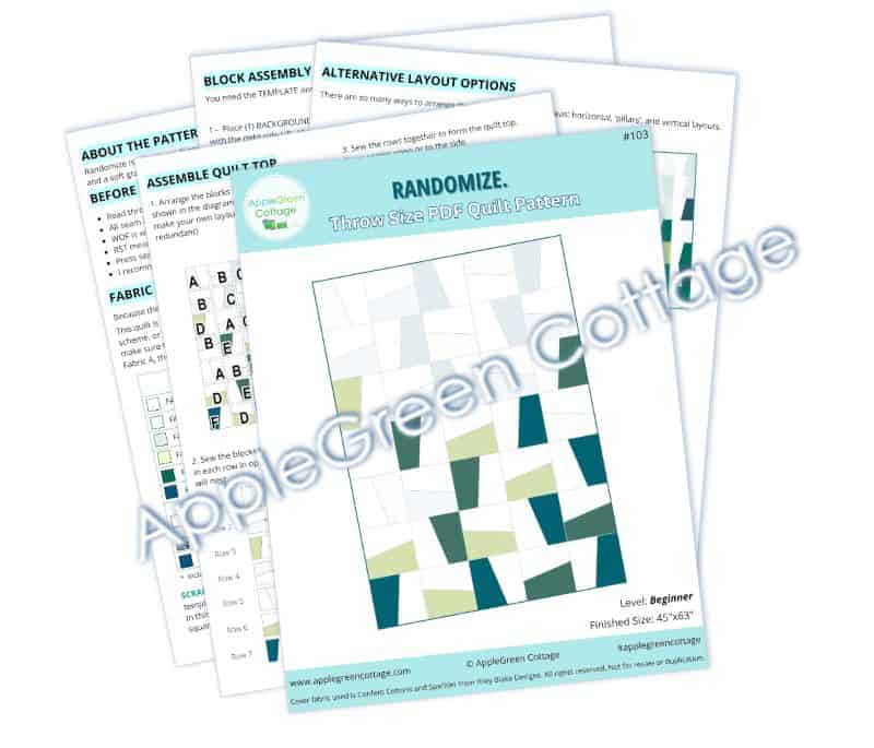 Printable pages from the Randomize Quilt Pattern PDF – throw-size quilt with layout options and fabric chart included.