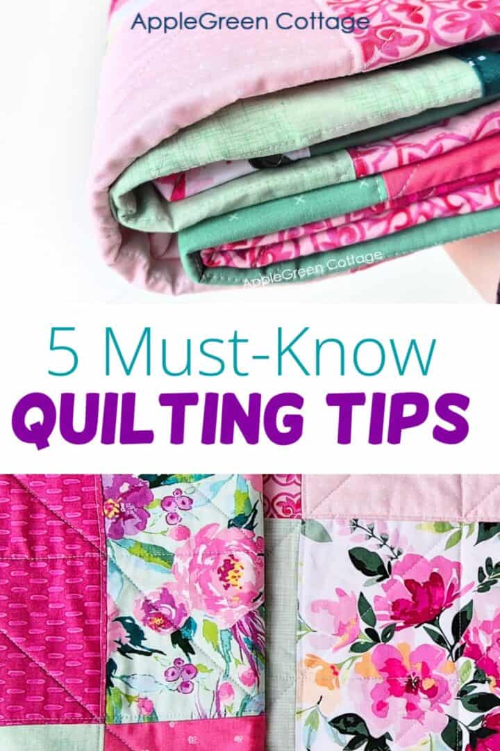 Beginner quilt tips blog graphic with colorful quilt and sewing machine close-up.