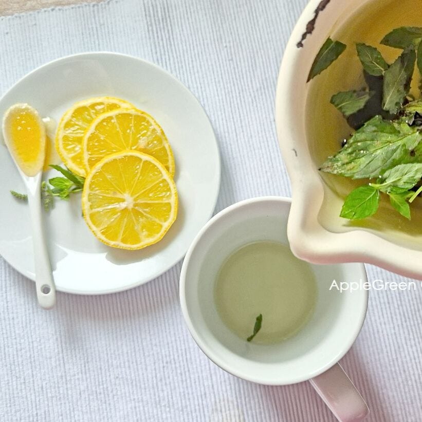 Plate with lemon slices, honey spoon, and mug for making fresh mint tea at home.