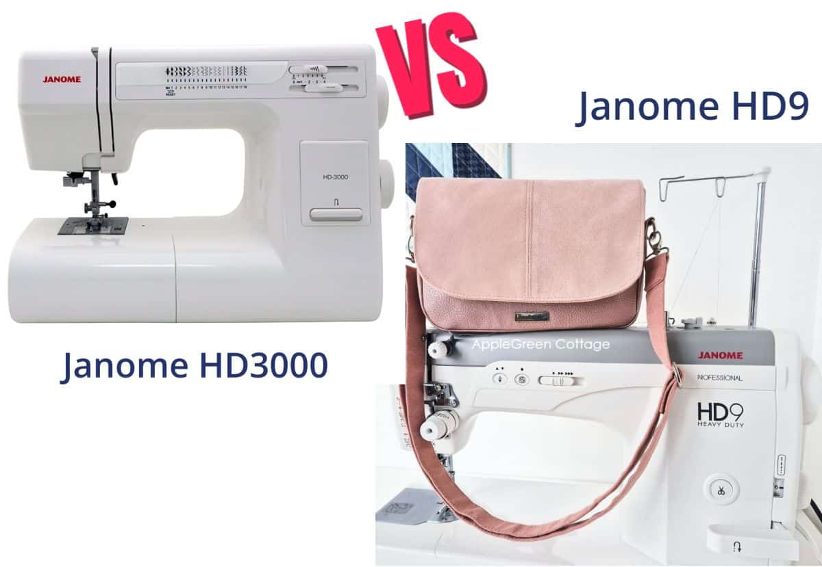 Two sewing machines on a white background; Janome hd9 compared to Janome HD3000.