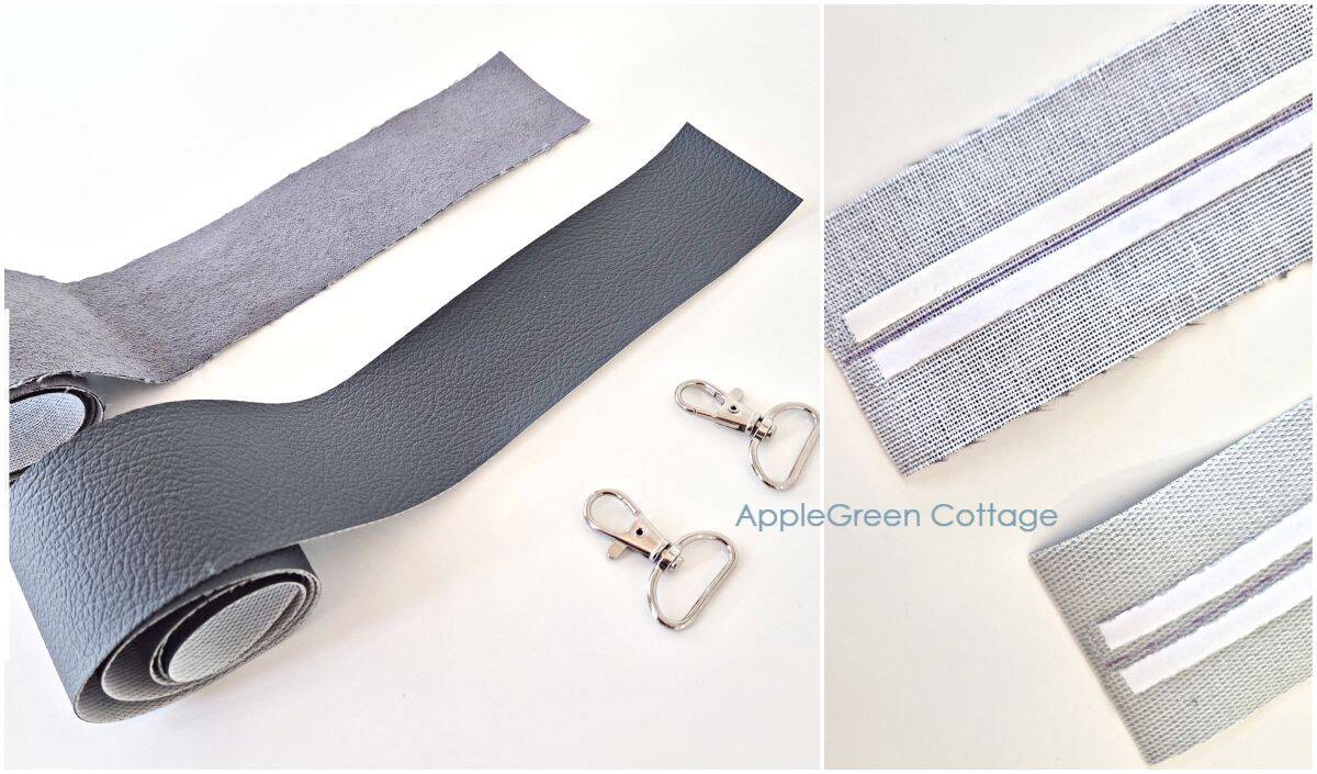Faux leather strap pieces with swivel hooks and double-sided tape for bag strap sewing.