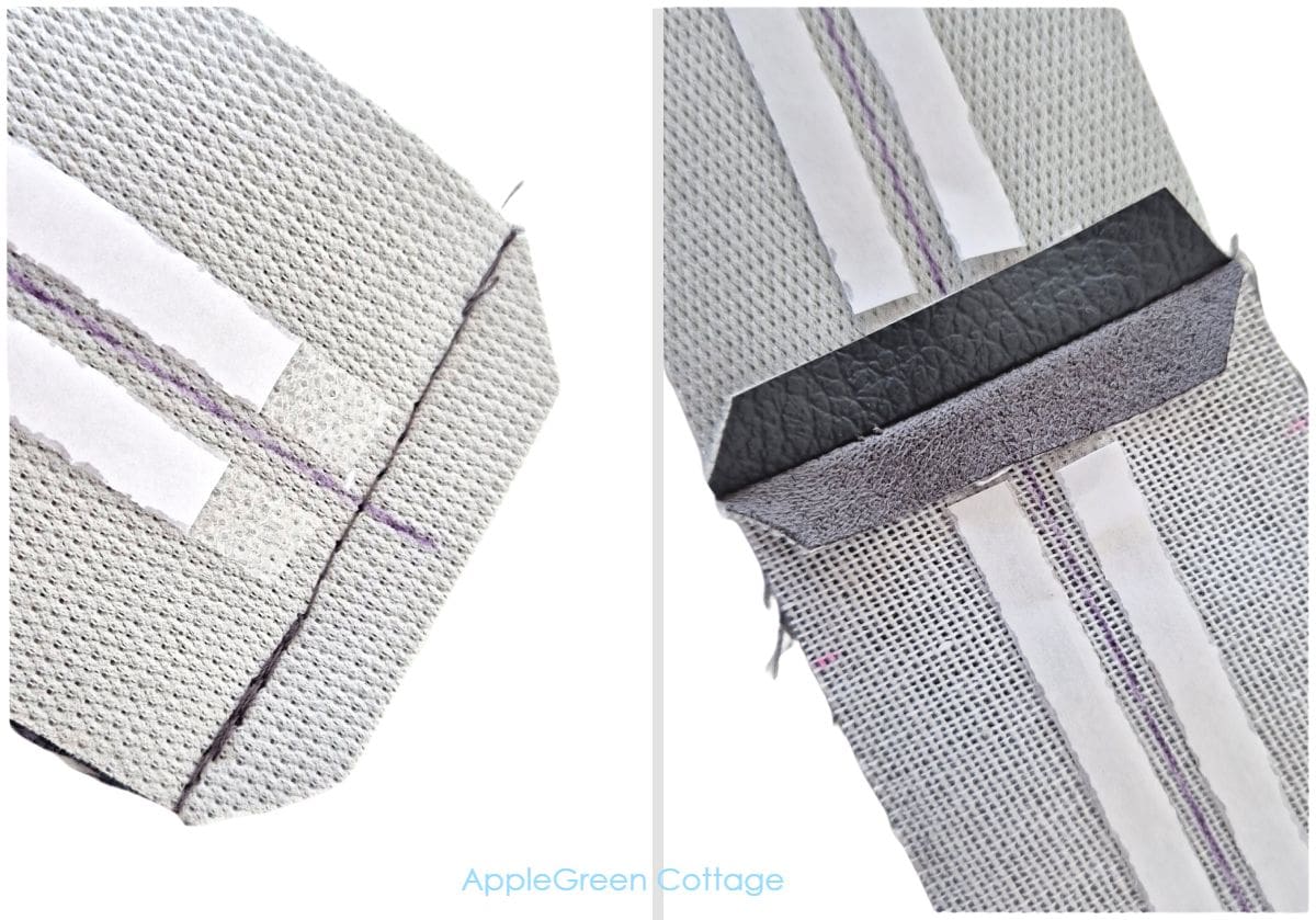 Faux leather strap ends folded and stitched.