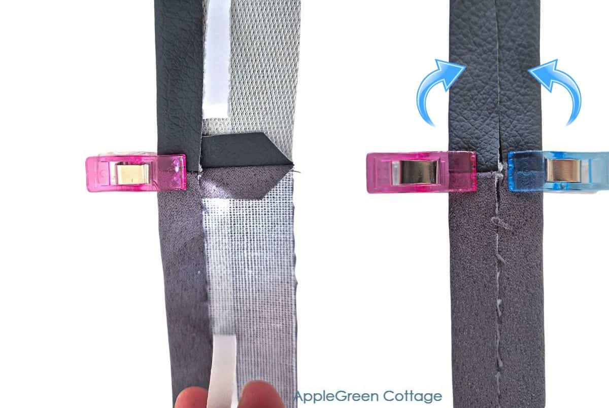 Faux leather strap ends folded and stitched with interfacing for neat finish.