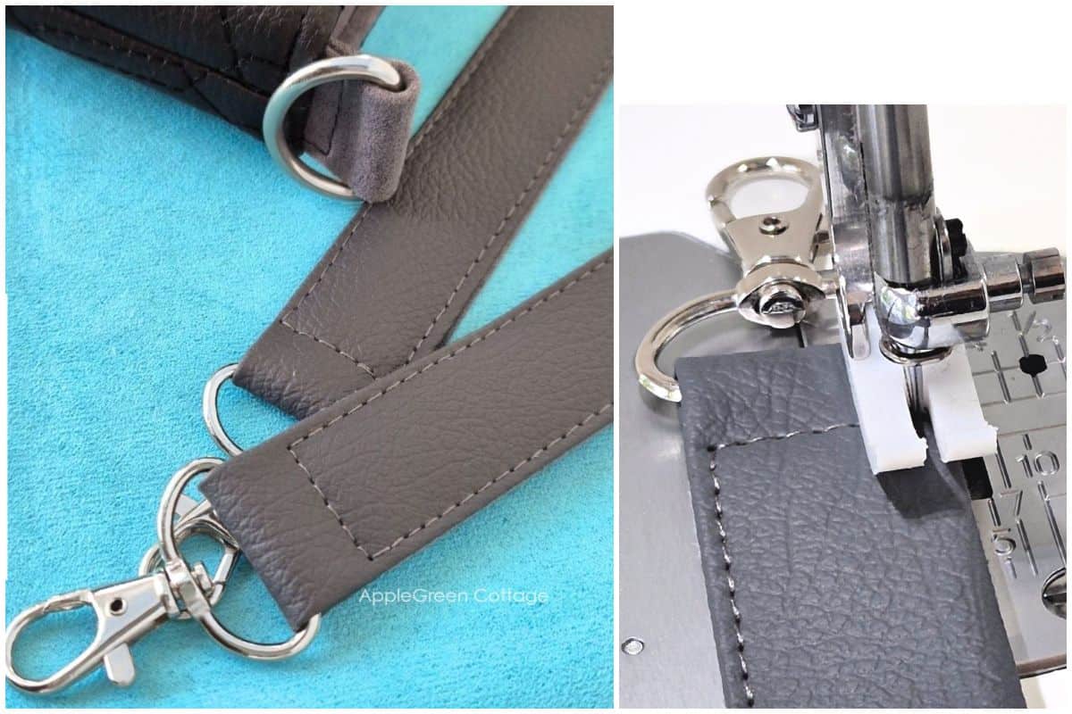 Sewing faux leather strap ends with swivel hooks attached, close-up at machine.