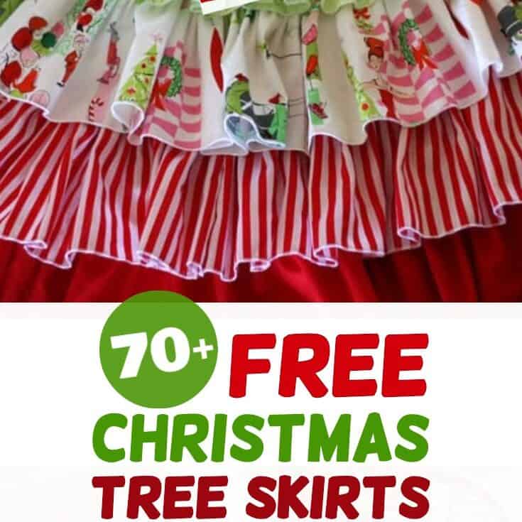 a ruffled homemade tree skirt in green, pink and red fabric.