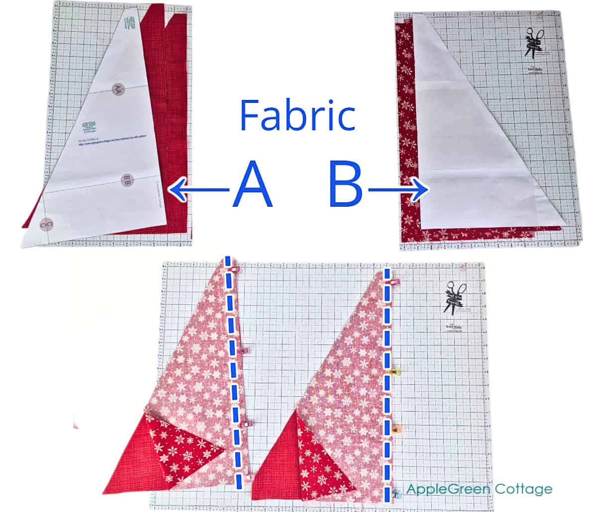 Triangle fabric cutting layout showing Fabric A and B placement for Christmas tree skirt sewing pattern.