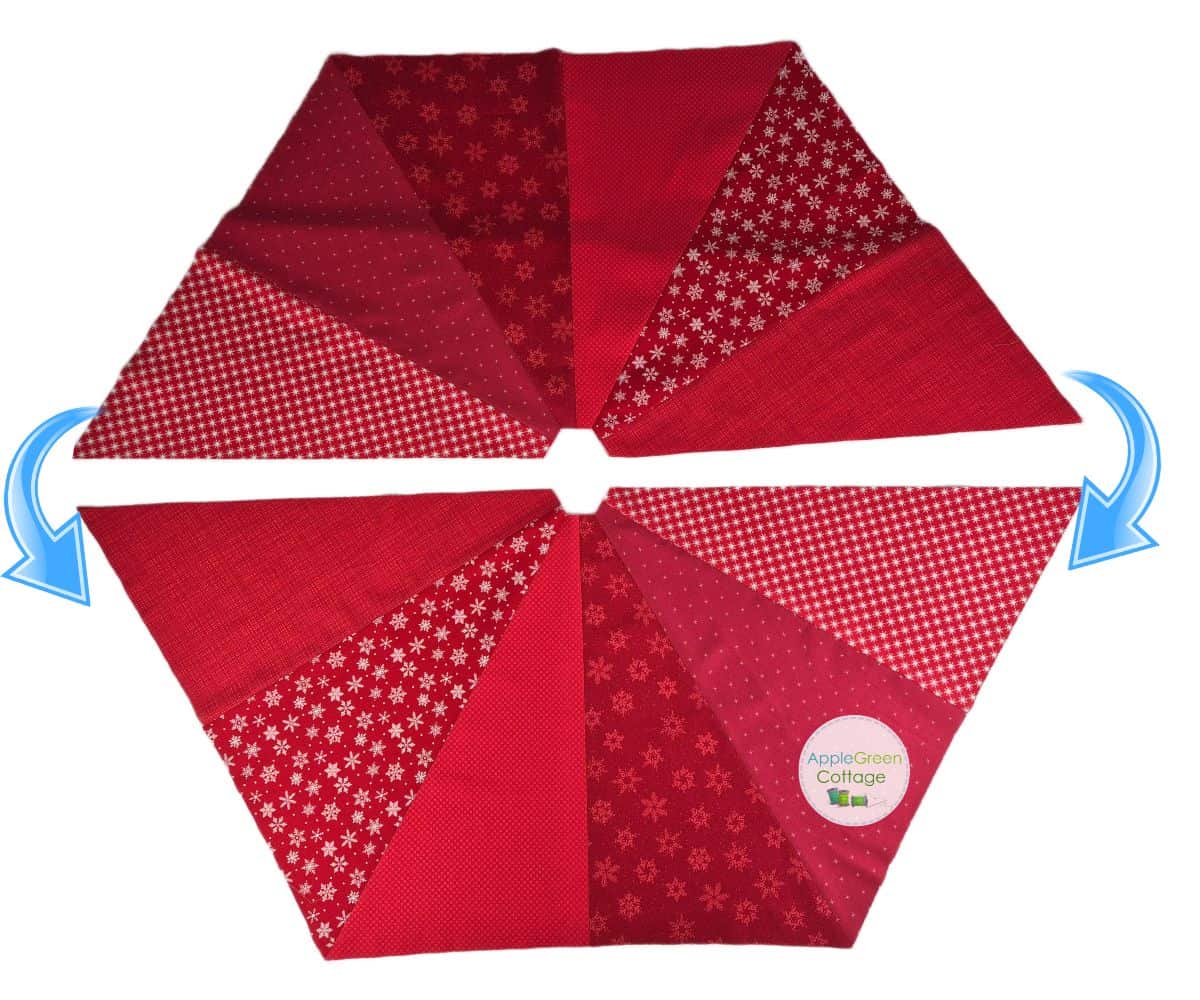 Two halves of quilted tree skirt rotated outward to form opening seam.