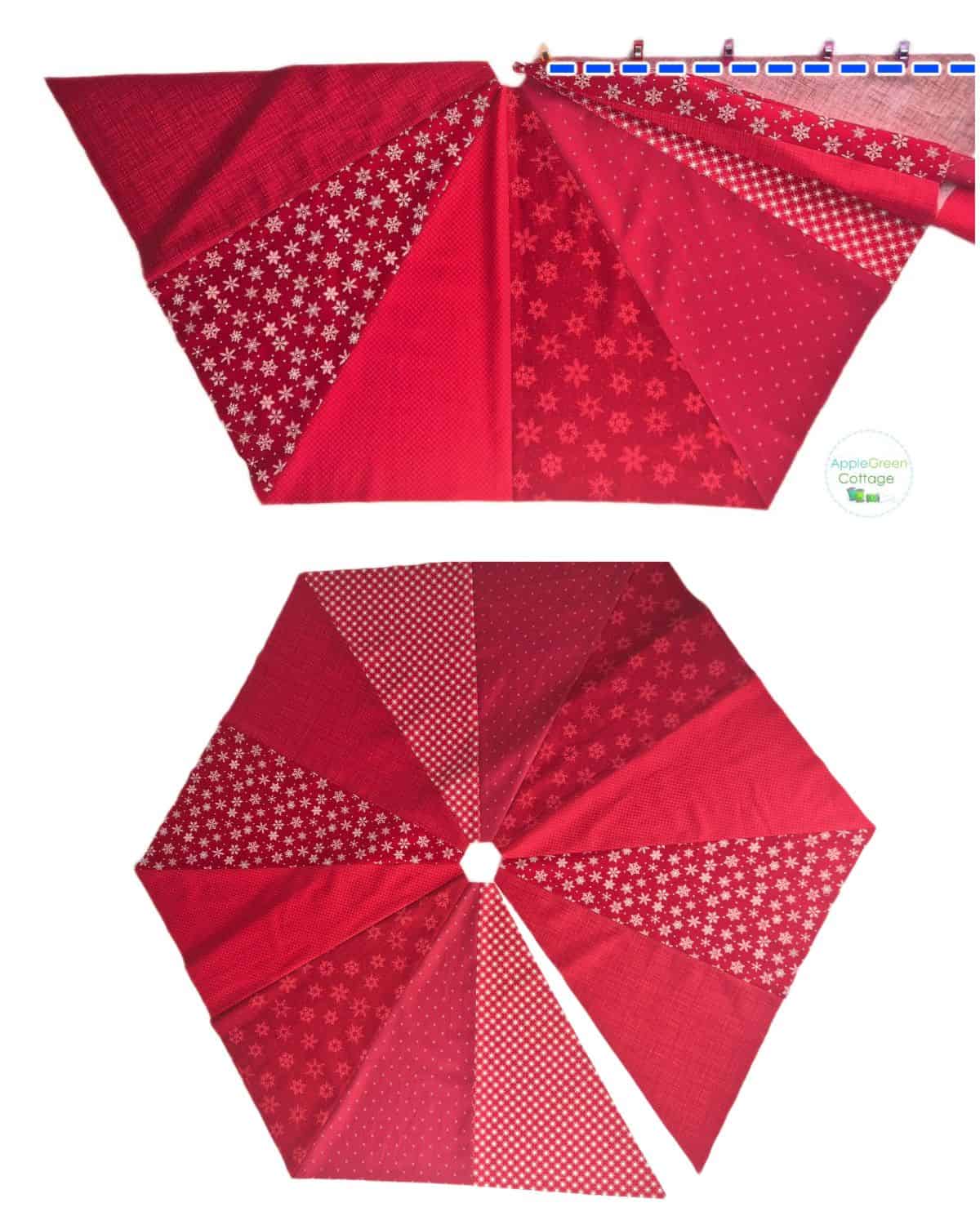 Joining final tree skirt panels to complete the hexagonal quilted layout.