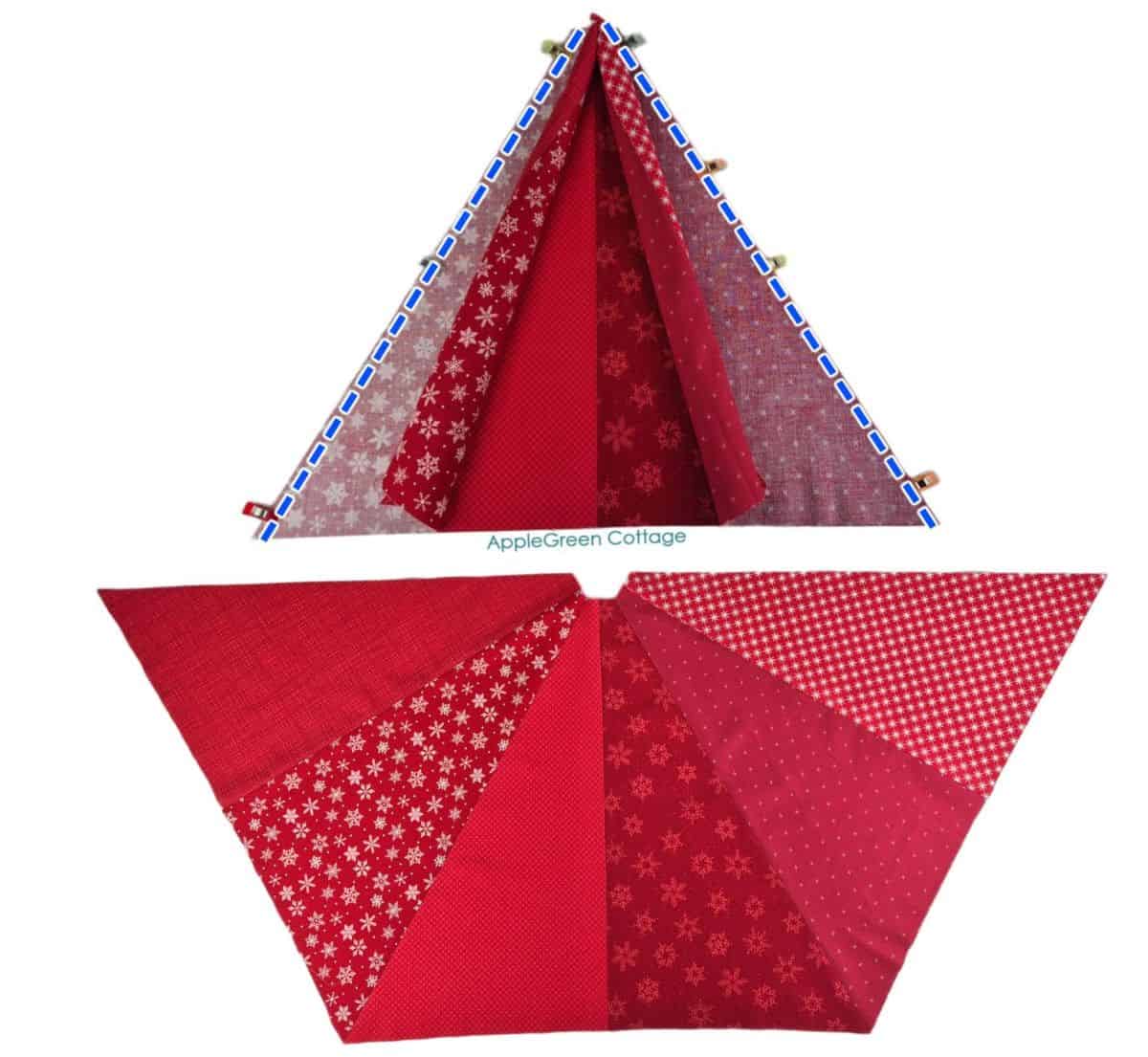 Pinning and sewing red triangle panels together to complete quilted tree skirt section.