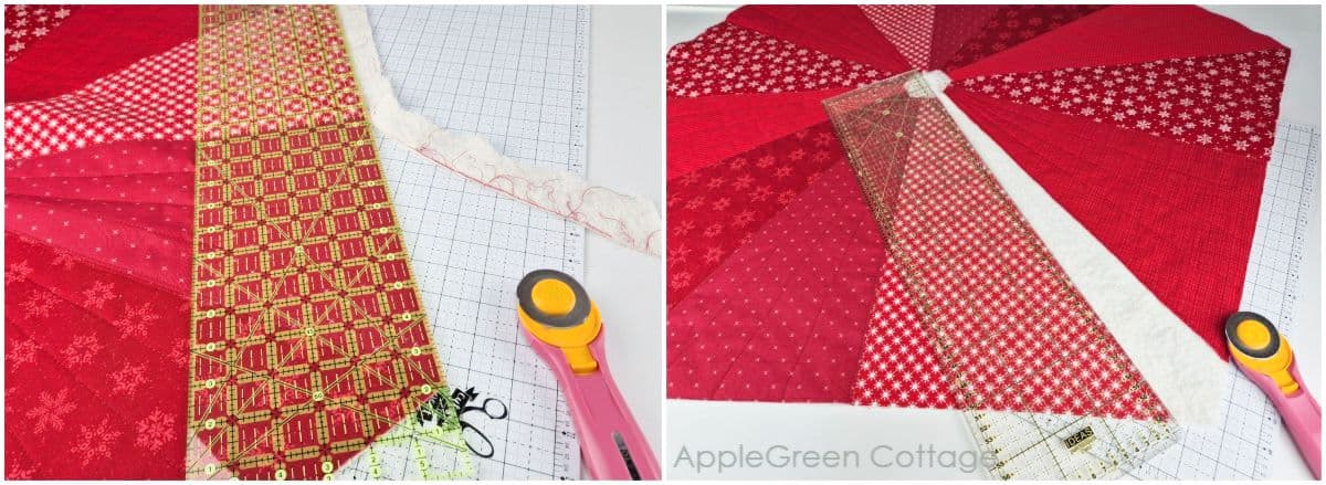 Trimming quilted Christmas tree skirt edges with rotary cutter and ruler for clean, even sides before finishing.