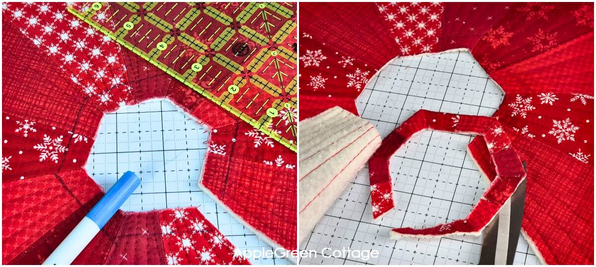 Cutting and trimming center hole of quilted Christmas tree skirt using ruler and fabric scissors.