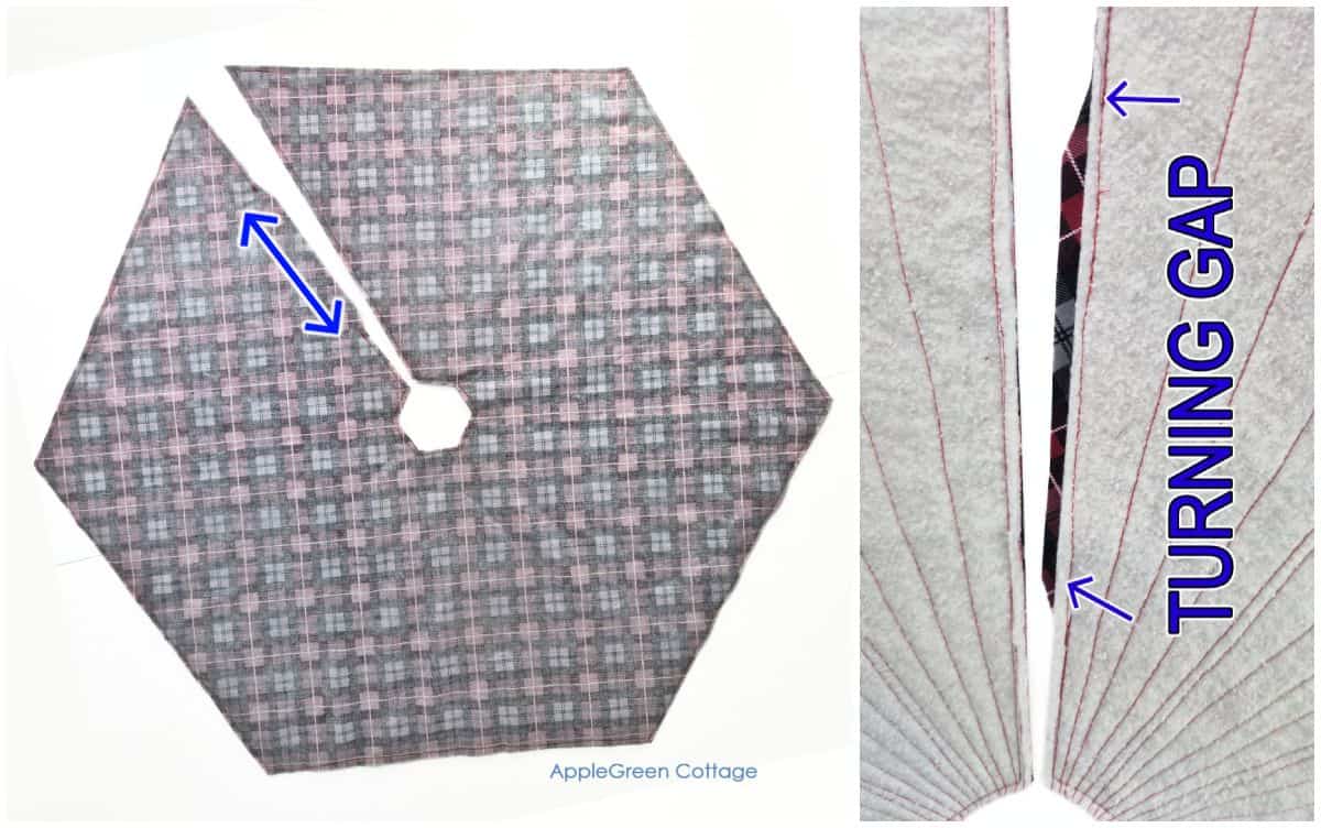 Cutting along the tree skirt edges and center opening through all layers using a rotary cutter and ruler for precise trimming.