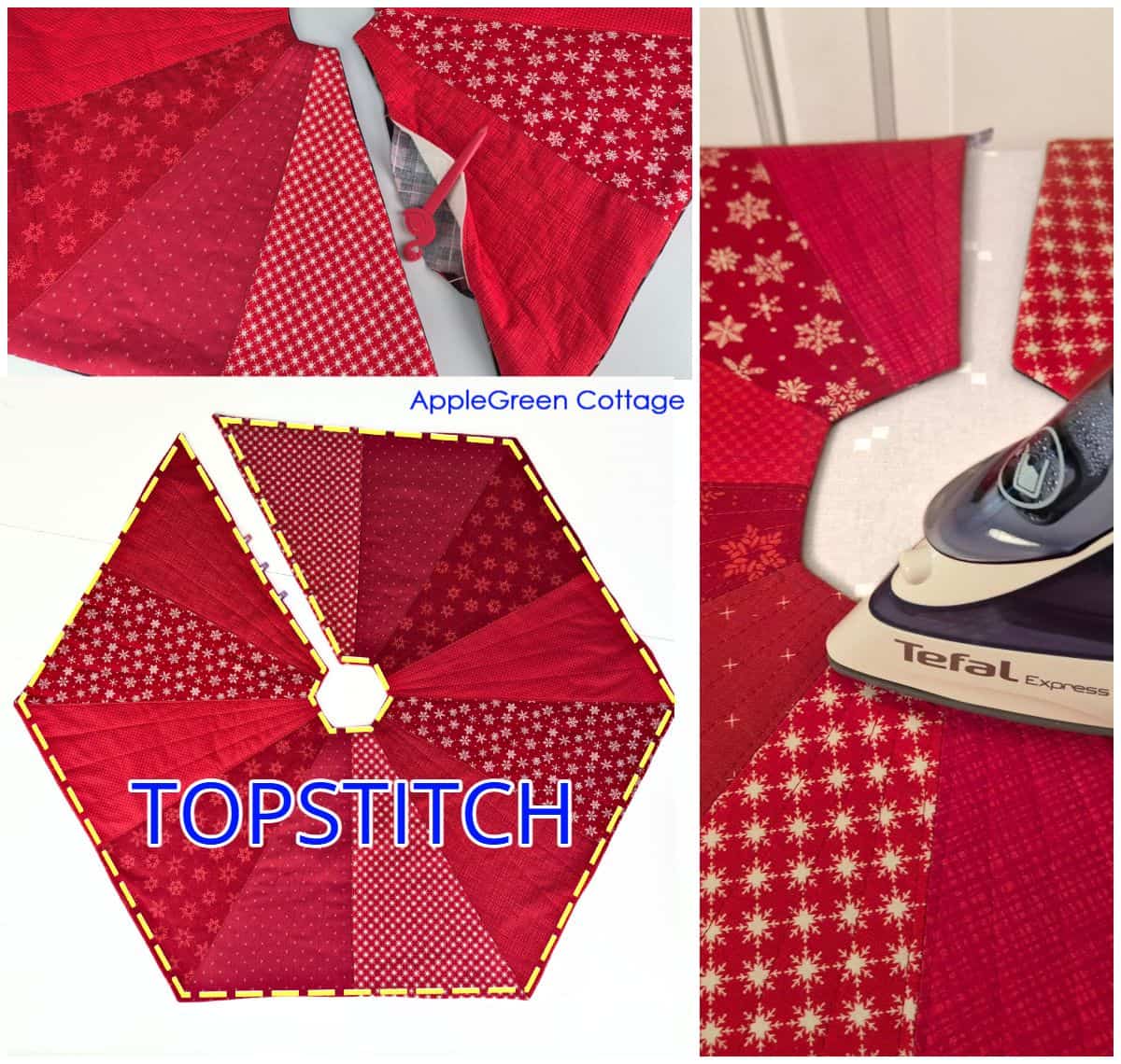 Turning tree skirt right side out, pressing seams flat, and topstitching around the edges for a neat, finished look.